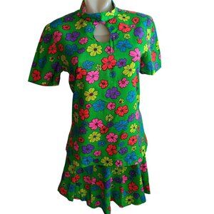 sz 8 Vintage 1OF1 1960s Floral Two-Piece Dress Keyhole Neck & Elastic Skirt